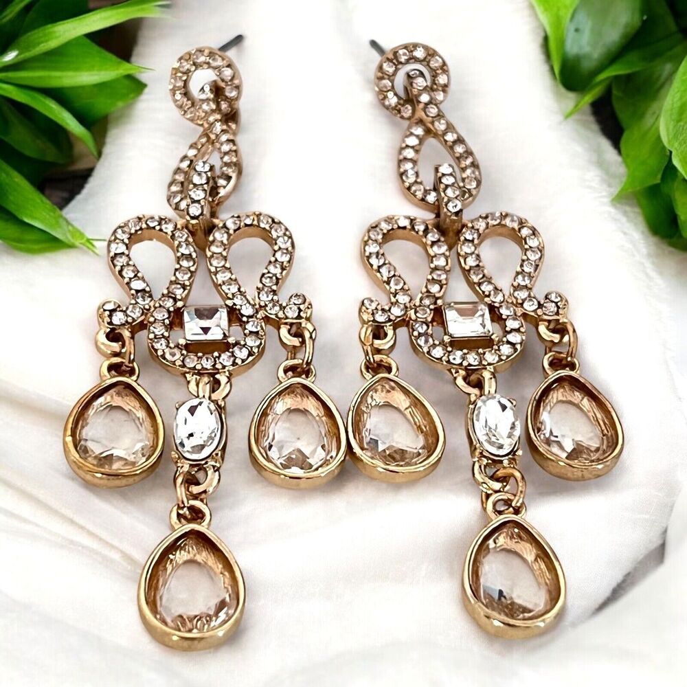 New Chandelier Earrings Gold Tone Crystal Formal Bridal Prom - 8H
